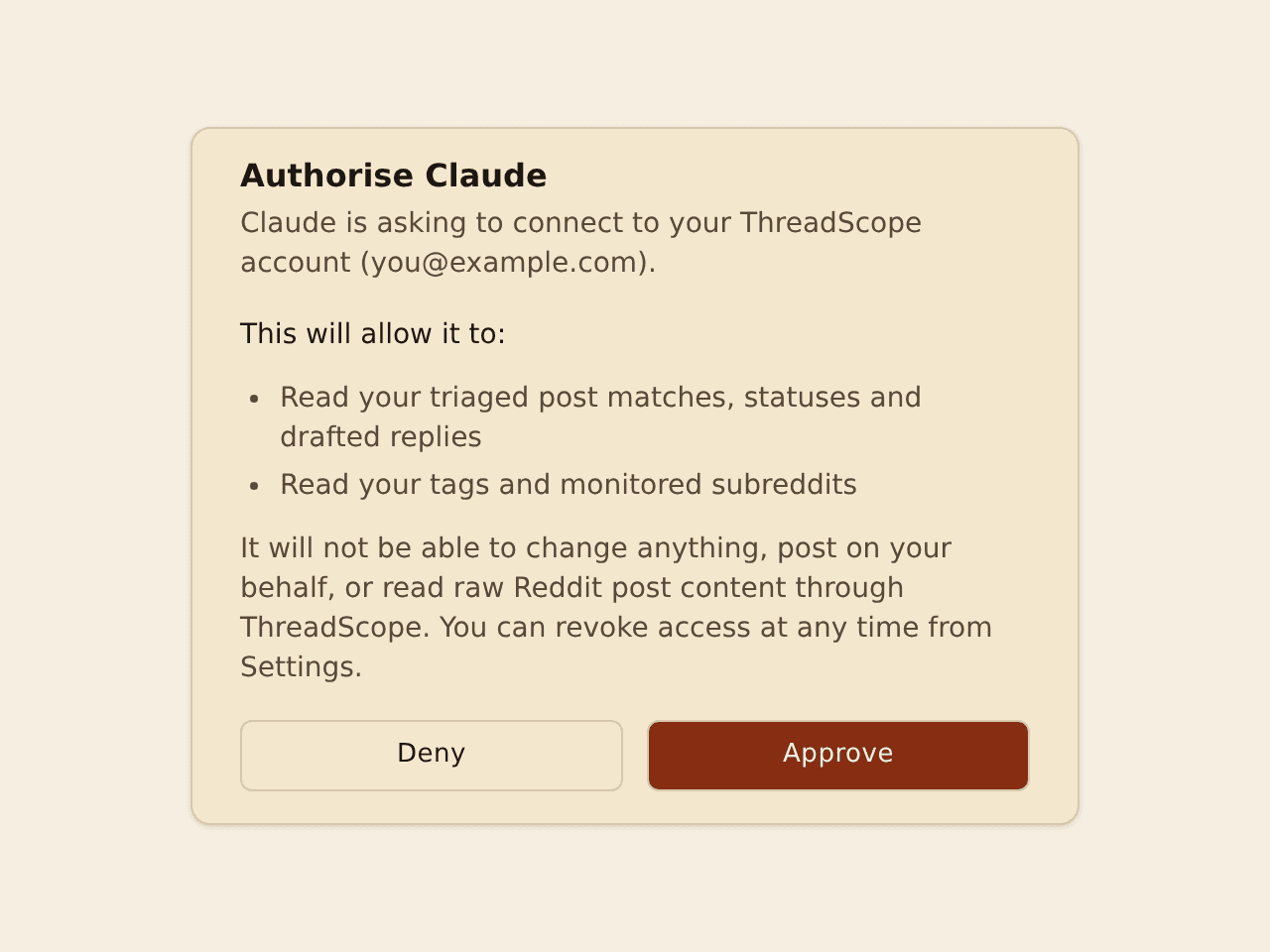 ThreadScope's authorisation screen showing what Claude will be able to read, with Deny and Approve buttons