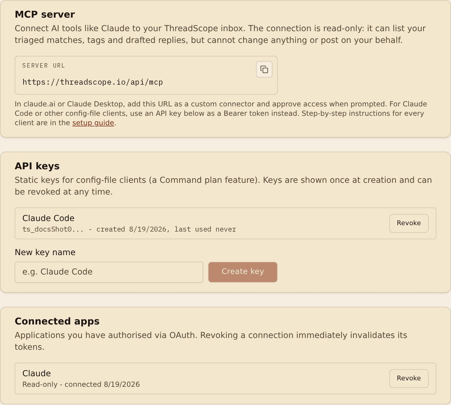 ThreadScope's Connections settings showing the MCP server URL, an API key, and a connected app with revoke buttons